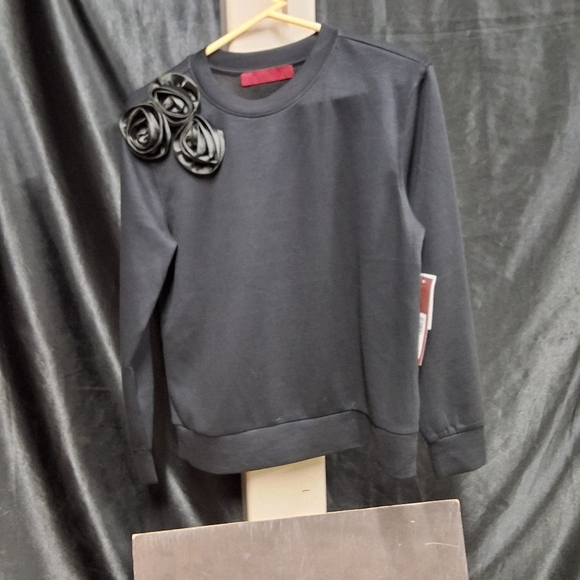 Black Long Sleeve Top with Floral Detail - Picture 1 of 11